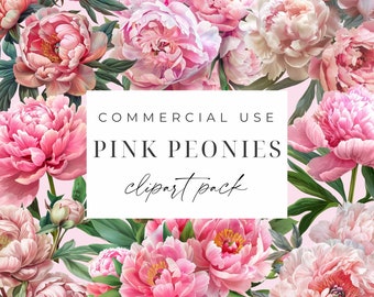 Set di clipart di peonie rosa peonia Clip Art acquerello floreale peonia PNG floreale Clipart rosa floreale uso commerciale matrimonio Clipart peonia mazzi