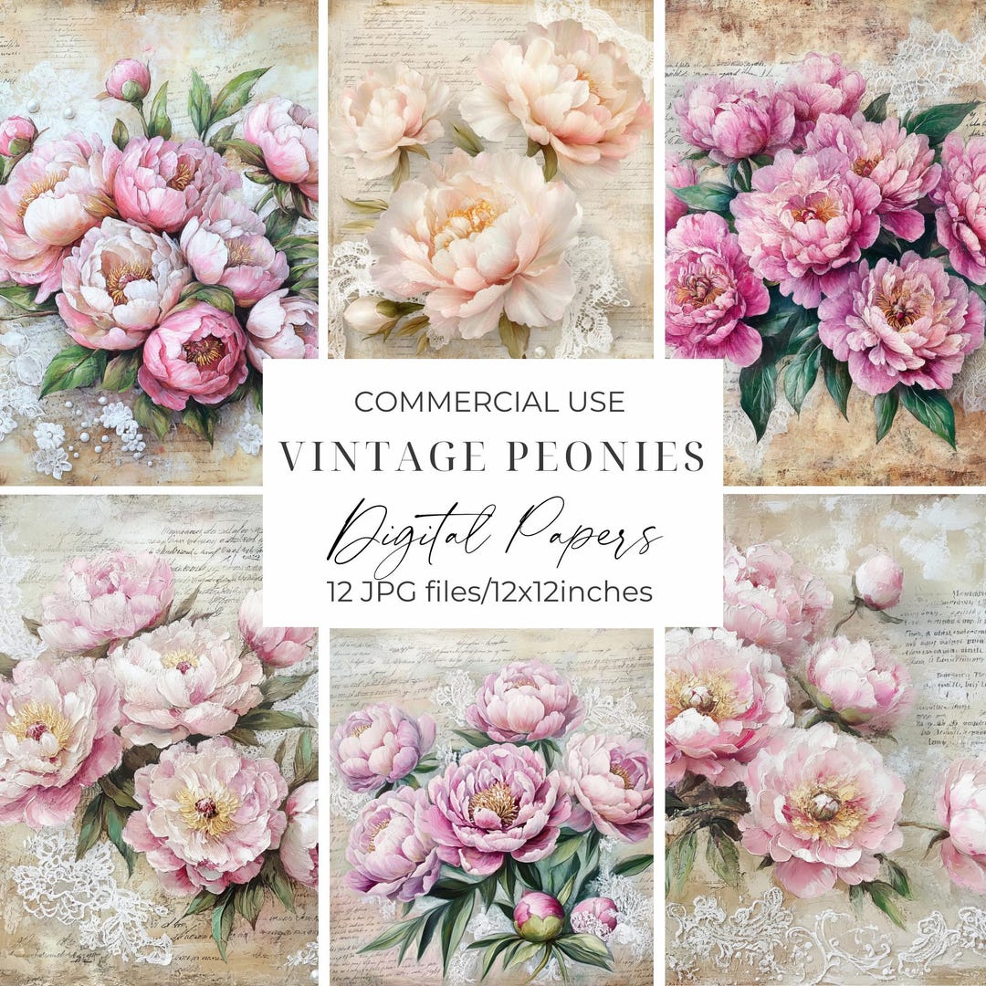 Vintage Peonies Digital Papers Floral Background Paper Jpgs Shabby Chic ...