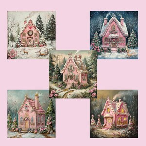 May include: Five illustrations of pink gingerbread houses decorated with candy and surrounded by snow and trees. Each house has a unique design and is set against a different background.