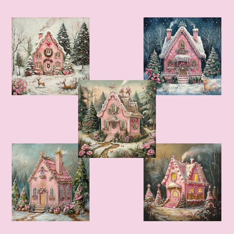 May include: Five illustrations of pink gingerbread houses decorated with candy and surrounded by snow and trees. Each house has a unique design and is set against a different background.