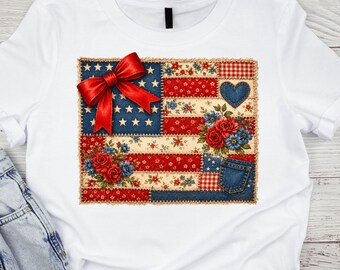 Kokette amerikanische Flagge Schleife PNG heimatlicher Bogen Cottagecore Retro 4.Juli Shirt PNG Girly USA T-Shirt Digital Download