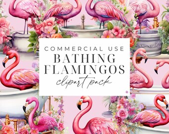 Flamingo Clipart Set PNGs, Uso comercial, Gráficos de imágenes prediseñadas digitales Flamingo, Descarga instantánea, Paquete de imágenes prediseñadas florales tropicales de acuarela