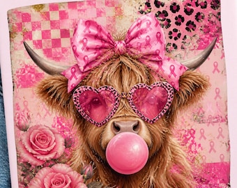 Breast Cancer Highland Cow PNG Preppy Pink Ribbon Design Leopard Print Checkered Bow PNG Pink Bubblegum Tee Pink Fall Graphic Digital File