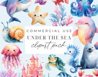 Under The Sea Clipart Bundle Watercolor Deep Ocean Sea Life Clipart PNG Cute Sea Animals Printable Graphics Kids Nursery Digital Download