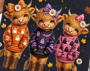 Cute Fall Highland Cow PNG Autumn Highland Cow PNG Fall Pumpkin Design Girl Fall Shirt Cute Cow Trio PNG Rustic Farm Animal Digital File