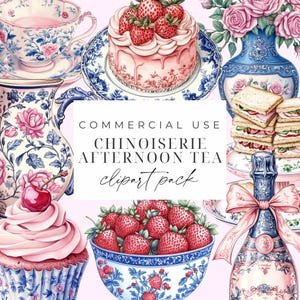 Aquarell Tea Time Clipart Bundle Blau Chinoiserie Tea Party Clipart PNG Vintage High Tea Coquette Clipart Kuchen Champagner Brautdusche png