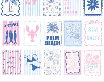 Pacote de Clipart Costeiro Azul e Rosa Retrô Verão Costeiro PNG Praia Preppy PNG Coquette Estética Praiana Comida Sardinhas Colagem Costeira Tropical