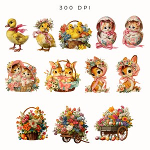 May include: A selection of vintage Easter illustrations. The images include ducklings, kittens, bunnies, and floral arrangements. The illustrations feature baskets, eggs, and floral headwear, in soft pastel colours. The text "300 DPI" is visible at the top.