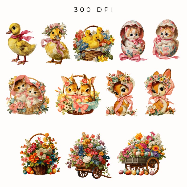 May include: A selection of vintage Easter illustrations. The images include ducklings, kittens, bunnies, and floral arrangements. The illustrations feature baskets, eggs, and floral headwear, in soft pastel colours. The text "300 DPI" is visible at the top.