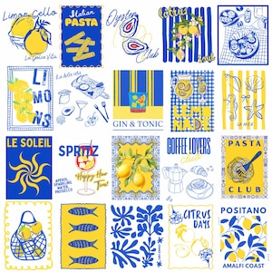Könnte beinhalten: Eine Sammlung blau-gelber Illustrationen mit Essen und Trinken. Die Designs umfassen Zitronen, Pasta, Austern, Cocktails und Kaffee. Text enthält "Limon Cello", "Italian Pasta", "Gin & Tonic" und "Coffee Lovers Club".