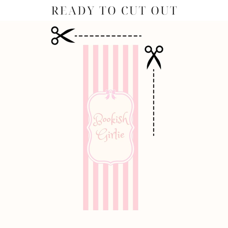 May include: Printable cut-out bookmark with pink and white stripes and a white frame with the text "Bookish Girlie" in pink script.