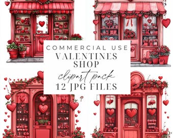 May include: A digital clipart pack of 12 red and white Valentine's Day shop illustrations. Each shop has a red door, windows with hearts, and a sign that says "Valentine's Shop".