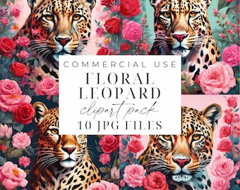 Floral Leopard Clipart Watercolor Leopard Clipart JPGs High Qaulity Printable Leopard Graphics Instant Download Paper Crafts Scrapbooking