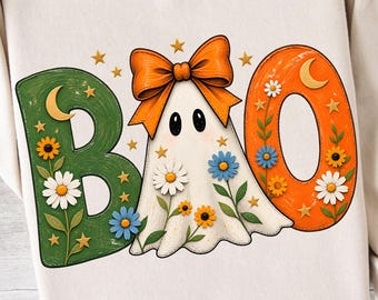 Preppy Ghost Boo PNG Spooky Ghost PNG Coquette Halloween PNG Floral Halloween Ghost Design Girl Fall Shirt Digital Download