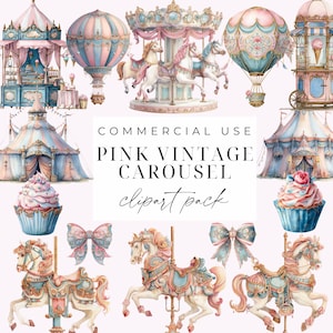 Może przedstawiać: Kolekcja różowych i niebieskich klipartów w stylu vintage z motywem karuzeli. Ilustracje obejmują konie karuzelowe, balony na ogrzane powietrze, namioty cyrkowe, babeczki i kokardy. Tekst brzmi "COMMERCIAL USE PINK VINTAGE CAROUSEL clipart pack."