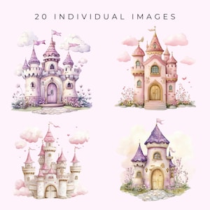 May include: Watercolor illustrations of fairytale castles in shades of pink, purple, and white. Each castle has multiple turrets, flags, and arched doorways. The text "20 INDIVIDUAL IMAGES" is at the top.