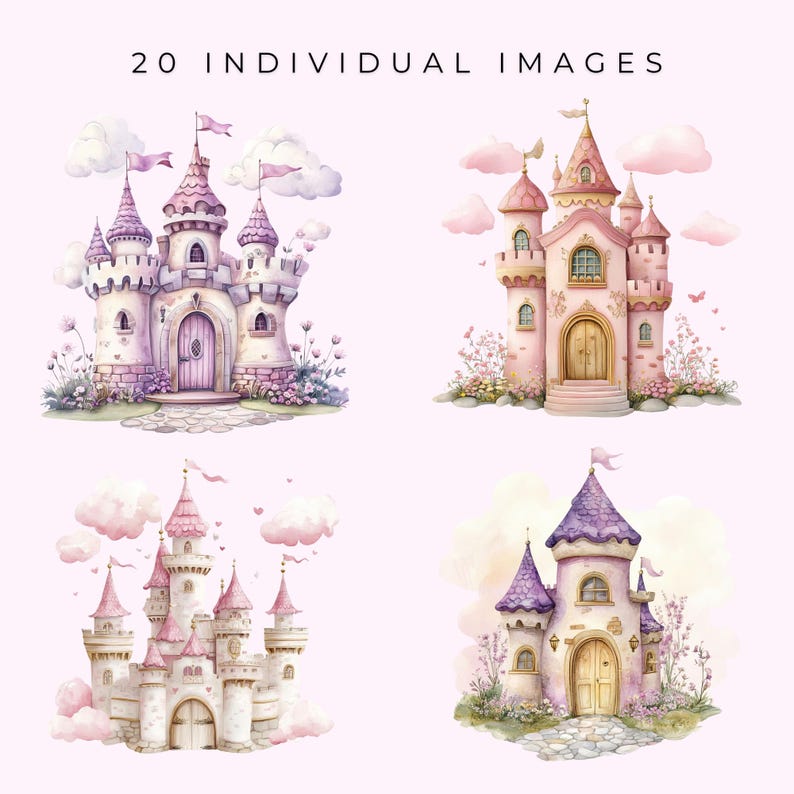 May include: Watercolor illustrations of fairytale castles in shades of pink, purple, and white. Each castle has multiple turrets, flags, and arched doorways. The text "20 INDIVIDUAL IMAGES" is at the top.