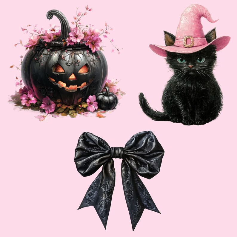Pode incluir: Uma ab&oacute;bora preta com um rosto de ab&oacute;bora esculpido, cercada por flores cor-de-rosa. Um gato preto usando um chap&eacute;u de bruxa rosa est&aacute; sentado em um fundo rosa. Tamb&eacute;m &eacute; mostrado um la&ccedil;o preto com um padr&atilde;o floral.