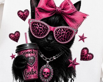 Halloween Black Cat PNG Cute Spooky Cat PNG Pink Halloween Shirt Design Boujee PNG Preppy Bling  Graphic Spooky Season Digital Download