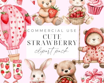 Aquarelle fraise cliparts anniversaire fraise clipart PNG premier anniversaire baies clipart baie douce baby shower png cliparts chambre d'enfant filles
