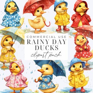 May include: Clipart pack of nine adorable cartoon ducks wearing raincoats and holding umbrellas. The ducks are yellow with orange beaks and feet. The raincoats are in various colors, including red, blue, yellow, pink, and green. The umbrellas are also in various colors, including red, blue, and yellow. The text "COMMERCIAL USE RAINY DAY DUCKS clipart pack" is written in white letters on a black background.