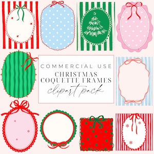 Op de afbeelding: Een verzameling kerst-coquette frames in diverse vormen en kleuren. Ontwerpen omvatten ovale, ronde en rechthoekige frames met gestreepte achtergronden, stippen en kerstboom illustraties. Elk frame is versierd met strikken en decoratieve elementen.