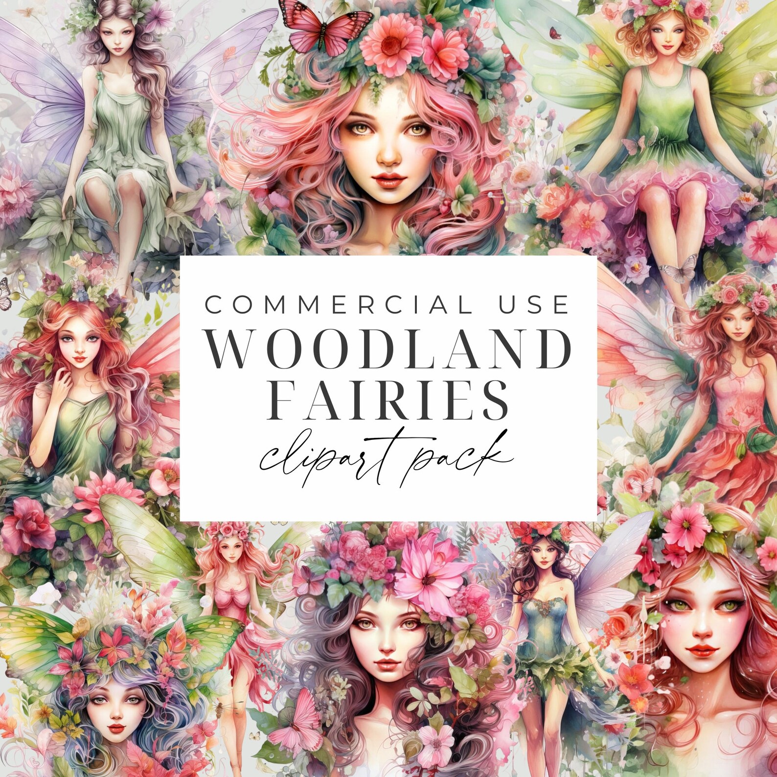 Woodland Watercolor Fairy Clipart PNG, Instant Download Graphics ...