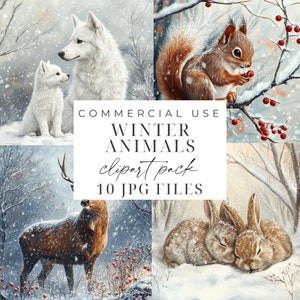 Clipart forêt aquarelle animaux de la forêt scène d'hiver JPEG bébés animaux Clipart arrière-plan neigeux Noël Clipart JPG usage Commercial