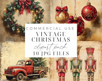 May include: A digital clipart pack of 10 vintage Christmas images. The images include a red truck with a Christmas tree, a wreath with red berries and lights, three nutcracker figurines, and three red and gold ornaments.