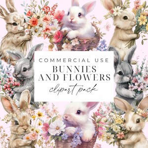Bunny With Flowers Clipart Pack, Easter Bunnies Clipart, Nursery Spring Bunnies, Transparent PNGs, Watercolor Flowers Set, Commercial Use