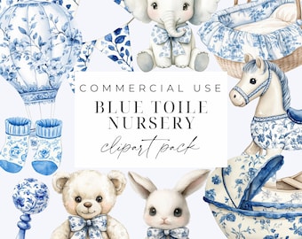 Clipart de guardería de toile azul, clipart de toile de jouy chinoiserie PNG, clipart de baby shower de toile francés azul, clipart de bebé niño imprimible para uso comercial