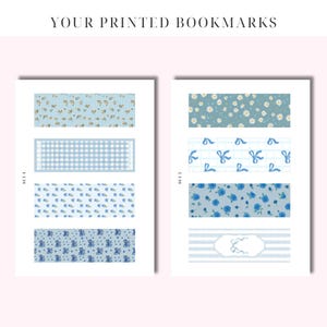 May include: Two sheets of printable bookmarks with different patterns. The patterns include blue and white gingham, blue and white floral, blue and white polka dots, blue and white bows, blue and white stripes, and blue and white daisies.