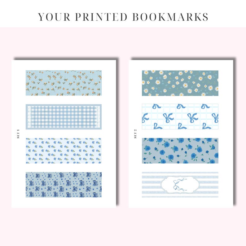 May include: Two sheets of printable bookmarks with different patterns. The patterns include blue and white gingham, blue and white floral, blue and white polka dots, blue and white bows, blue and white stripes, and blue and white daisies.
