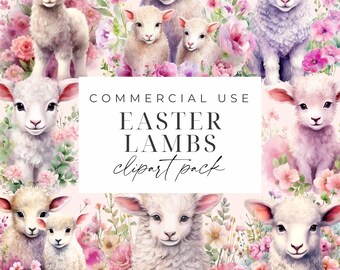 Spring Lambs Clipart Set, Watercolor Easter Lambs, Cute Floral Lambs Clipart, Commercial Use, Transparent PNGs, Nursery Lamb Bundle