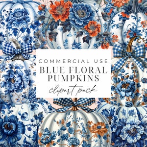 Blauwe bloemen coquette pompoen clipart blauwe pompoen clip art herfst pompoen clipart chinoiserie Halloween herfst graphics voor commercieel gebruik