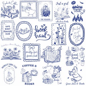 Puede incluir: Colección de ilustraciones en blanco y azul con temas de libros, café y lectura. Incluye textos como "Books & Coffee", "Book Haul" y "Pretty Girl Book Club". Varios diseños enmarcados.