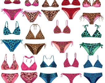 Leopard-Bikini PNG-Bundle, Pink, Gepard, Bikini-Clipart, Bikini-Oberteil, PNG, Trendy Sommer-Strand, Grafik, Badeanzug-Design, Seemädchen, PNG