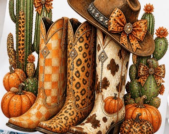 Cowboy Boots Fall PNG Brushstroke Fall Pumpkin PNG preppy Cowgirl Boots PNG Leopard Print Western png Cowgirl Country Autumn Shirt Design