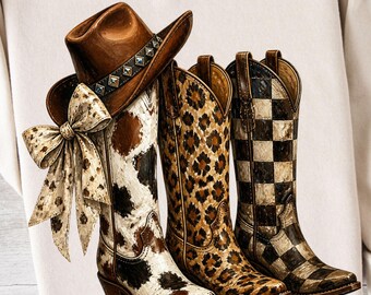 Preppy Cowgirl Boots PNG Brushstroke Western Cowgirl Design Leopard Print Checkered PNG Western Coquette T Shirt PNG Girly Country Graphic
