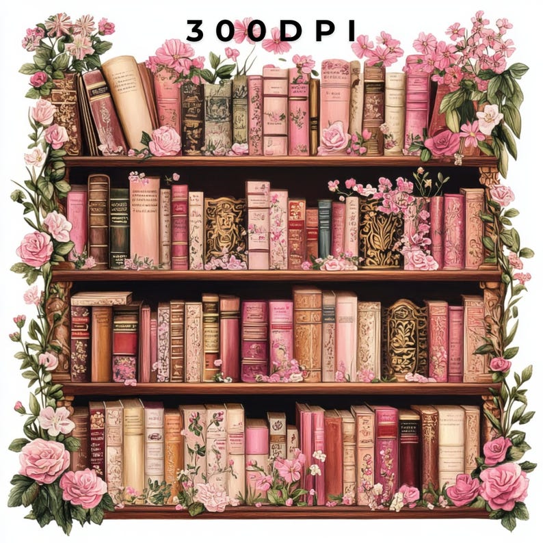May include: A wooden bookshelf with four shelves filled with antique books. The books are mostly bound in leather and have a vintage look. The bookshelf is decorated with pink flowers and greenery.