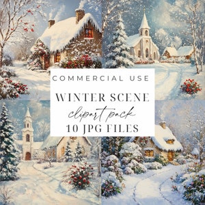 Bundle de 10 cliparts scène d'hiver imprimable paysage d'hiver Clipart JPG Chalet de Noël en téléchargement numérique fabrication de cartes artisanat Scrapbooking