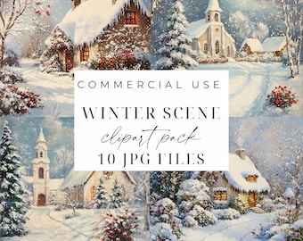 Winter Scene Clipart Bundle 10 Printable Winter Landscape Clipart JPG Christmas Cottage Digital Download Card Making Crafts Scrapbooking