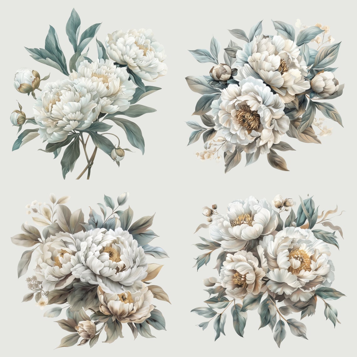 White Peonies Clipart Set, Watercolor White Peony PNG, Peony Flowers ...
