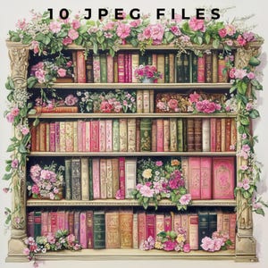 May include: A white bookshelf with four shelves filled with books. The bookshelf is decorated with pink and white flowers and greenery. The text "10 JPEG FILES" is at the top of the image.