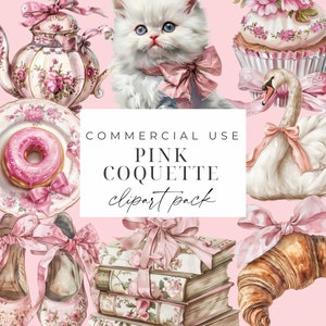 Paquete de imágenes prediseñadas de coqueta rosa acuarela Vintage Coquette PNG Shabby Chic Girls Graphics Pink Ribbon Bow Floral Girly Imprimible Estética