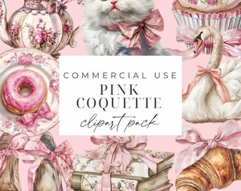 Pink Coquette Clipart Bundle Watercolor Vintage Coquette PNG Shabby Chic Girls Graphics Pink Ribbon Bow Floral Girly Printable Aesthetics