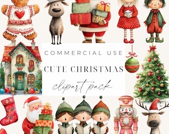 Cute Watercolor Christmas Clipart Bundle Whimsical Holiday Clipart PNG Cute Santa Reindeer Christmas Clipart Digital Download Santa Graphics