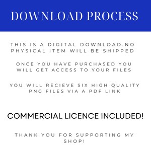 May include: A digital download process graphic with a dark blue header that reads "DOWNLOAD PROCESS". The text below explains the digital download process, including access to files and a commercial license. The graphic is on a white background.