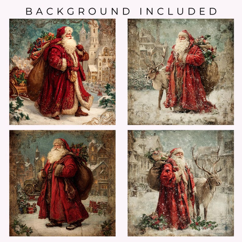 May include: Four vintage-style Christmas prints featuring Santa Claus in a red coat and hat, carrying a large sack. The prints have a snowy background and include a reindeer in two of the images. The text "BACKGROUND INCLUDED" is at the top.