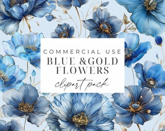 Blue And Gold Flowers Clipart Transparent PNG Blue Gold Floral Clipart Watercolor Gold Floral Printable Graphics Luxury Digital Bouquets